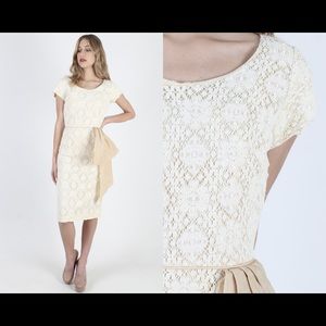 Vintage 50s Ivory Lace Wiggle Dress With Waist Sash Pencil Skirt Topaz Brand